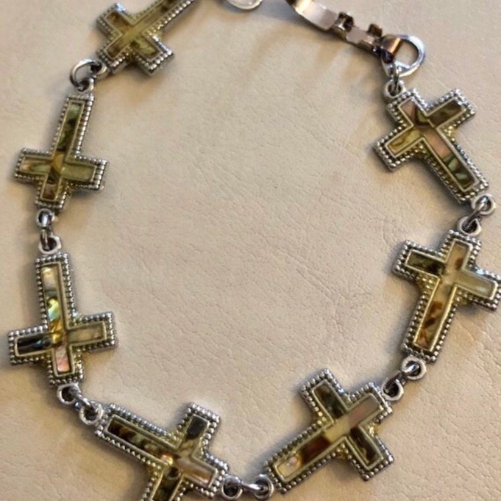 Vintage Silver Tone cross bracelet with abalone shell inlay